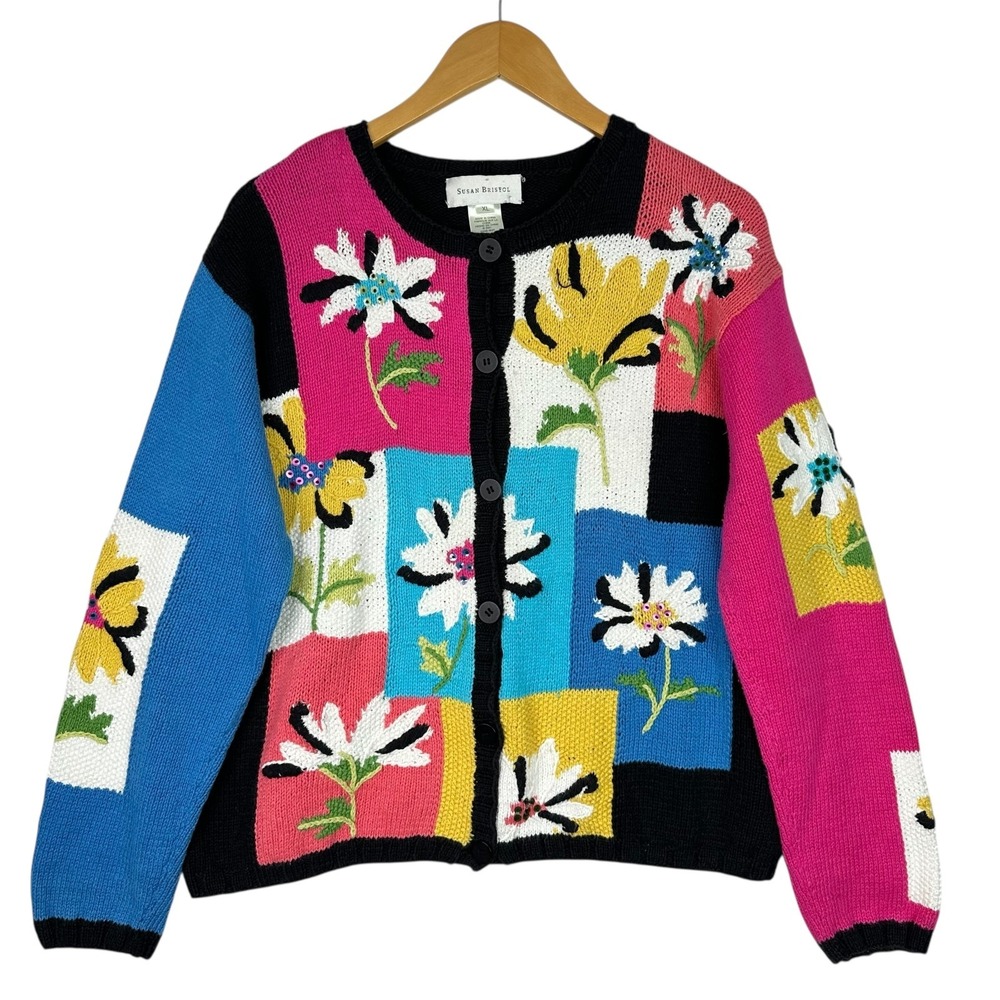 Susan Bristol Floral Patchwork Cardigan Sweater Womens Hand Knit Button‎ Front